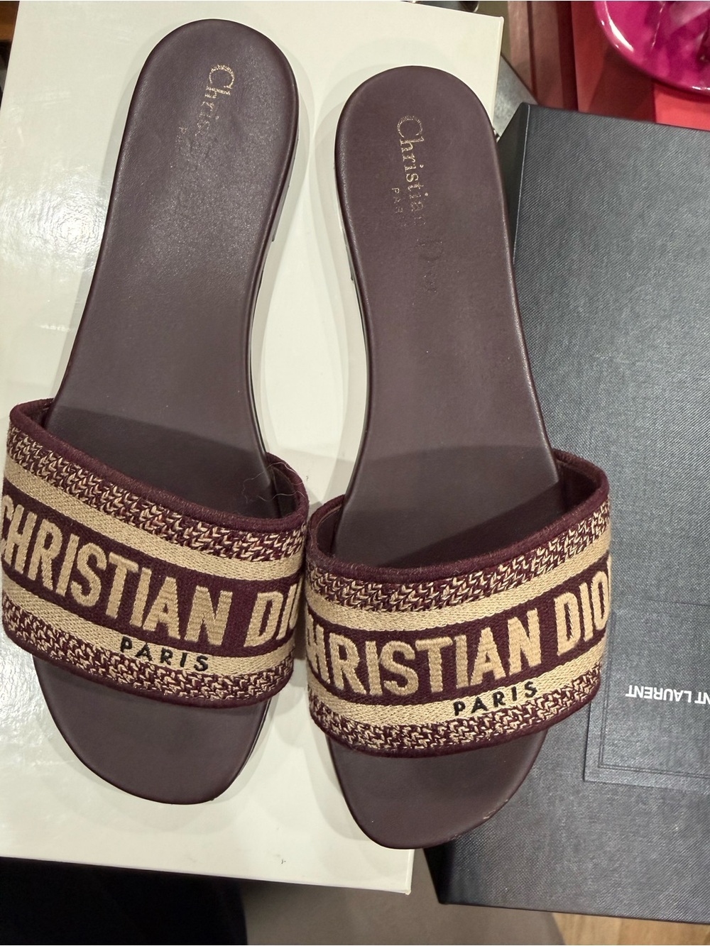 Dior Burgundy and Beige Logo Slide Sandals